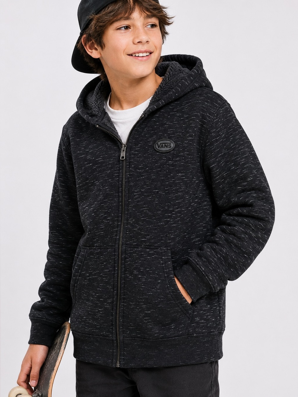 Vans Sherpa-Lined Full Zip Hoodie Jacket - Boys m Black Heather Warm Fleece